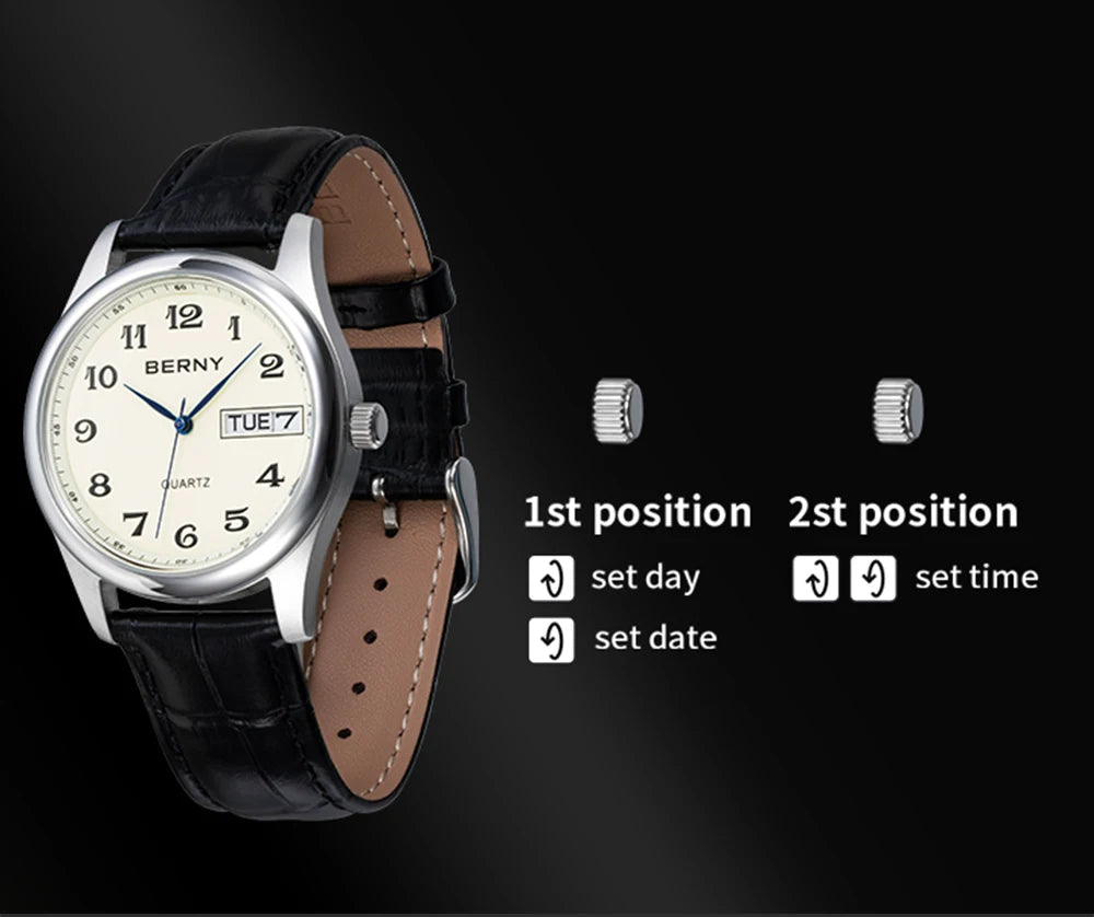 BERNY Quartz Watch for Men Miyota 2405 Business Male Wristwatch Day Top Calendar Genuine Leather Classic Men Watches Waterproof