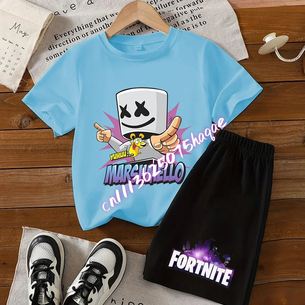Σετ παιδικό Fortnite με T-shirt και σορτς, μπλουζάκι με εκτύπωση cartoon φιγούρας, καλοκαιρινό casual αθλητικό ένδυμα για αγόρια