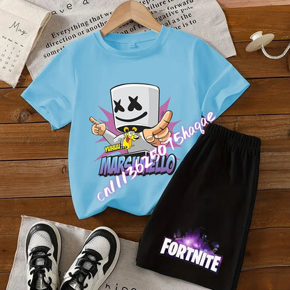 Σετ παιδικό Fortnite με T-shirt και σορτς, μπλουζάκι με εκτύπωση cartoon φιγούρας, καλοκαιρινό casual αθλητικό ένδυμα για αγόρια