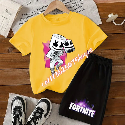 Σετ παιδικό Fortnite με T-shirt και σορτς, μπλουζάκι με εκτύπωση cartoon φιγούρας, καλοκαιρινό casual αθλητικό ένδυμα για αγόρια