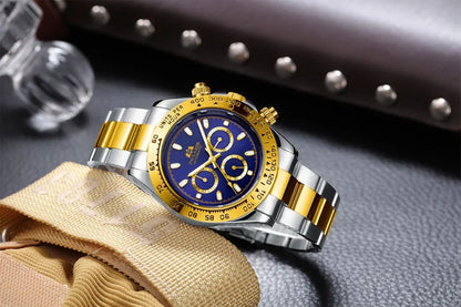 Automatic Mens Watch Self Wind Mechanical Gold Stainless Steel Glacier Ice Blue Dial Chestnut Brown Bezel Luminous Men Watches