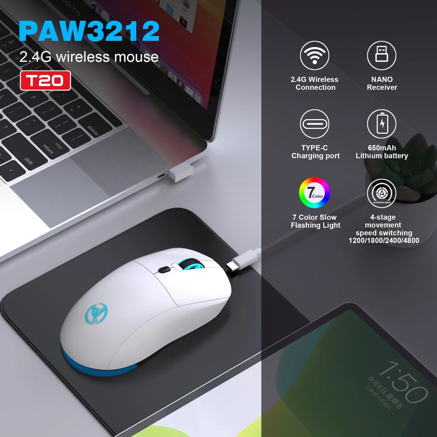 Rechargeable 2.4G USB Wireless Mouse Adjustable 3600dpi 7 Colors RGB Comfortable Mice for Home Office Laptop Computer Gamer