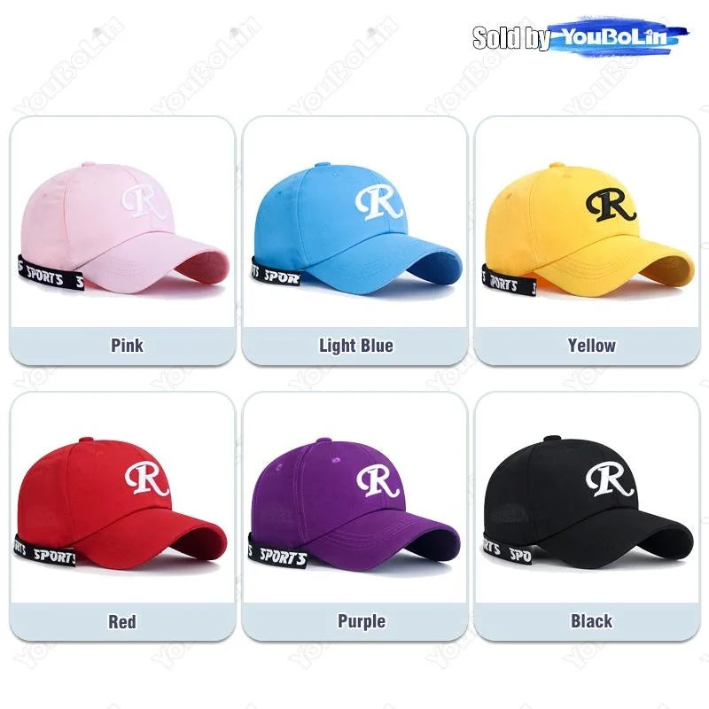 R-Buchstabe, Bandstickerei, Baumwolle, verstellbar, Baseballkappe mit festem Schirm, Sonnenhut, Trucker-Caps, Hip-Hop-Caps