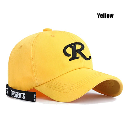 R-Buchstabe, Bandstickerei, Baumwolle, verstellbar, Baseballkappe mit festem Schirm, Sonnenhut, Trucker-Caps, Hip-Hop-Caps