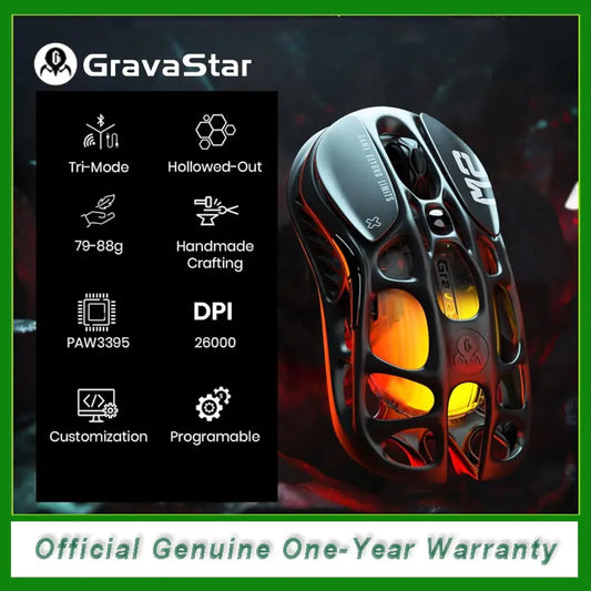GravaStar Mercury M2 belaidė žaidimų pelė, lengva ažūrinė konstrukcija, 5 programuojami DPI lygiai, 26,000 DPI, PAW3395DM jutiklis
