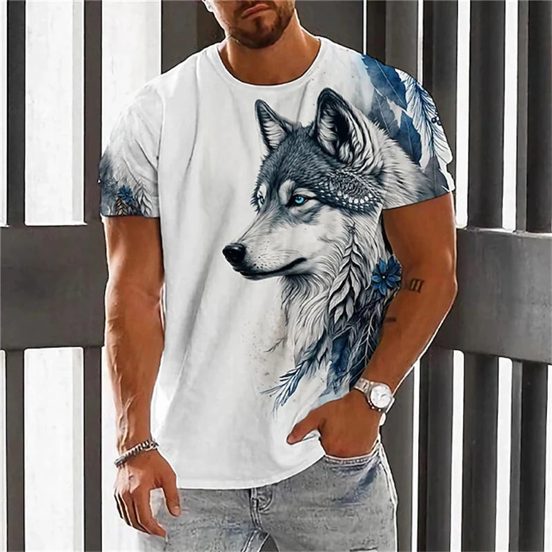 Fashionable Men's Round-neck Short-sleeved T-shirt 3D Printed Wolf T-shirt Men's Casual Sports Short-sleeved Street Top
