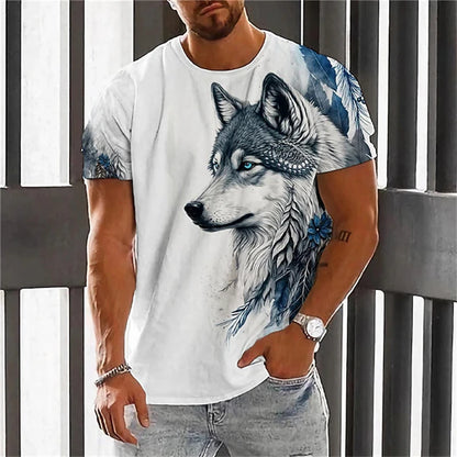 Fashionable Men's Round-neck Short-sleeved T-shirt 3D Printed Wolf T-shirt Men's Casual Sports Short-sleeved Street Top