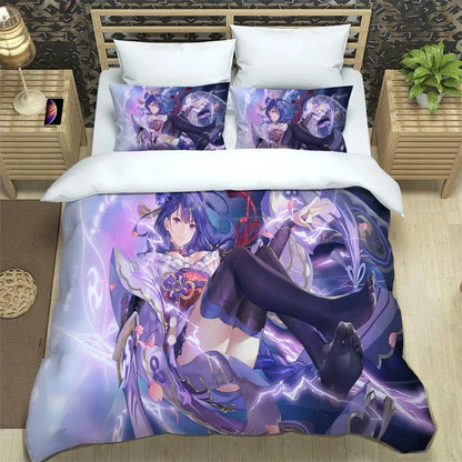 Anime Genshin Impact-beddengoedset voor jongens en meisjes, Twin/Queen Size dekbedovertrek met kussensloop, bedtextiel voor kinderen en volwassenen, modieuze woontextiel