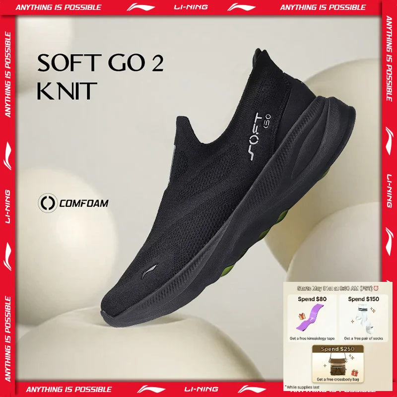 Li-Ning SOFT GO 2 KNIT slip-on wandelschoenen voor heren, casual, dempend, comfortabel en stabiel, LiNing mesh joggingsneakers voor dagelijks sporten AGLV017