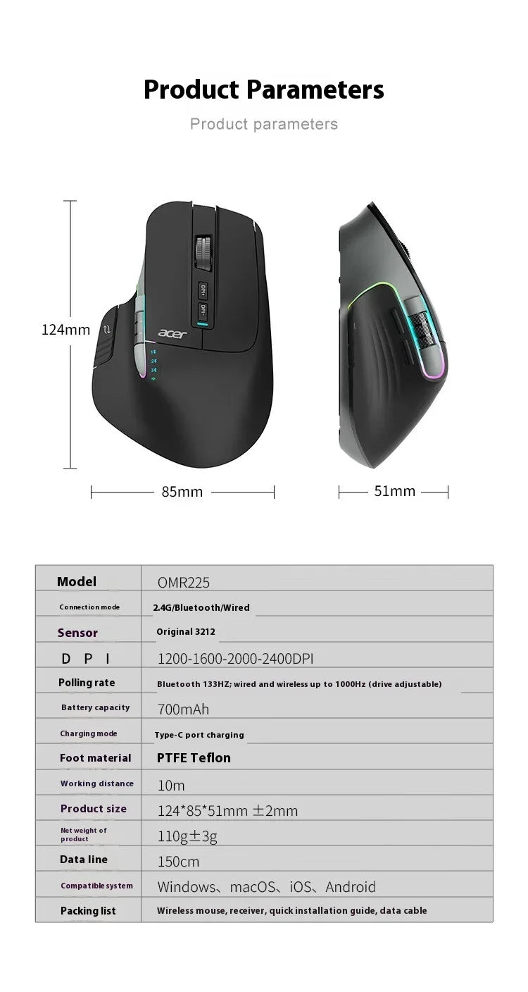 Acer Omr225 Gamer Mouse 3-mode Bluetooth Wireless Mouse Dual Scroll Ergonomic Mouse Custom Programming Gaming Mice Office Mice