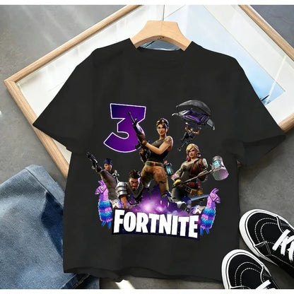 Fortnite Kinder-Geburtstagszahl-T-Shirt für Mädchen und Jungen, Sommerkleidung, Baby-T-Shirt aus Baumwolle, kurzärmliges Party-Oberteil, Geschenk für Kleinkinder