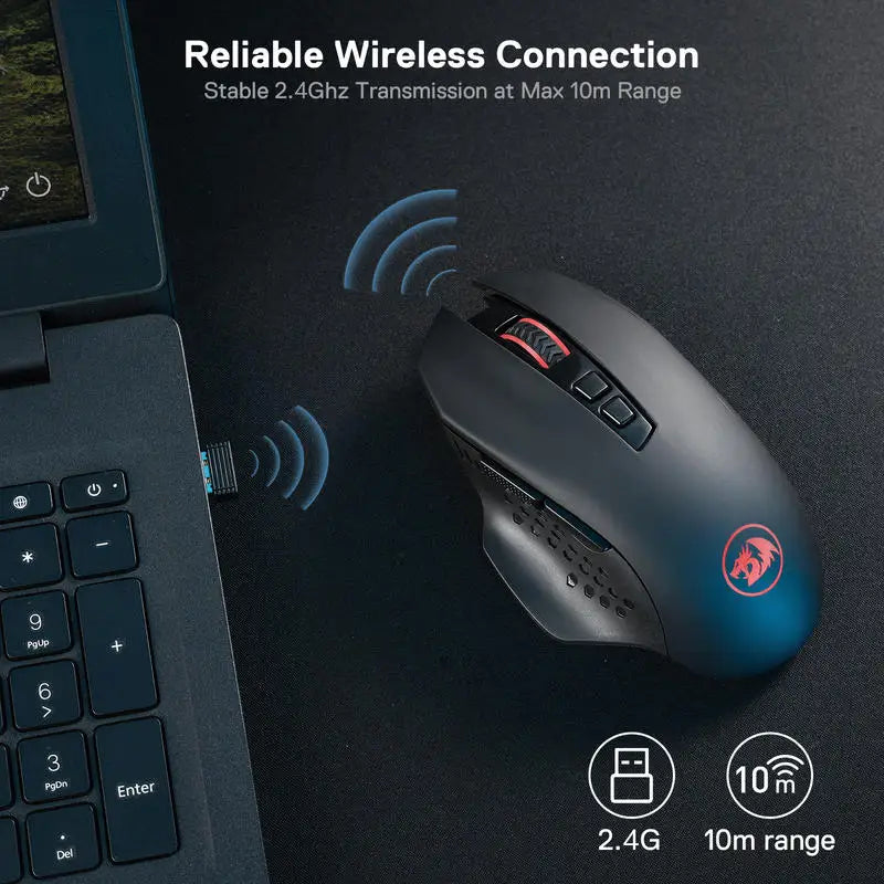 Безжична геймърска мишка Redragon M656 Gainer, 4000 DPI, 2.4Ghz, с 5 нива на DPI, 7 макро бутона, червена LED подсветка