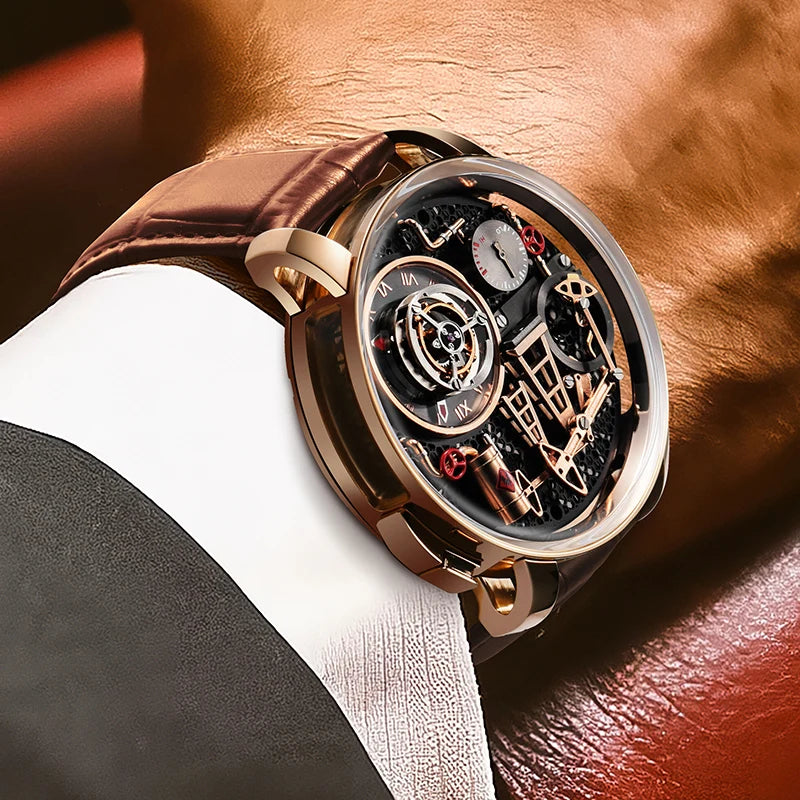 PINDU NEW TOP Quartz Watches Button oil Pump Business Men Wristwatches 45.5MM Sapphire Mirror Waterproof Leather Watch for Men