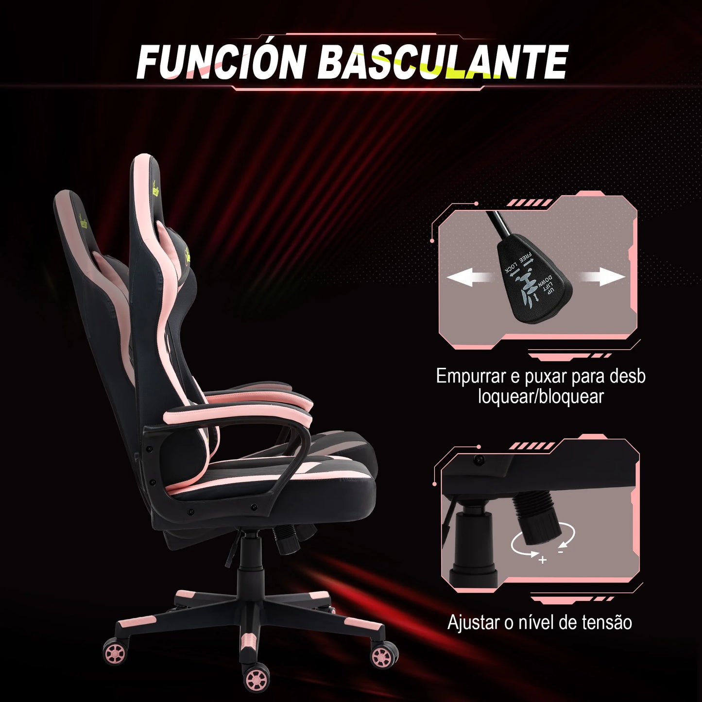 Vinsetto Swing Gaming Chair with Height Adjustable Pink Headrest