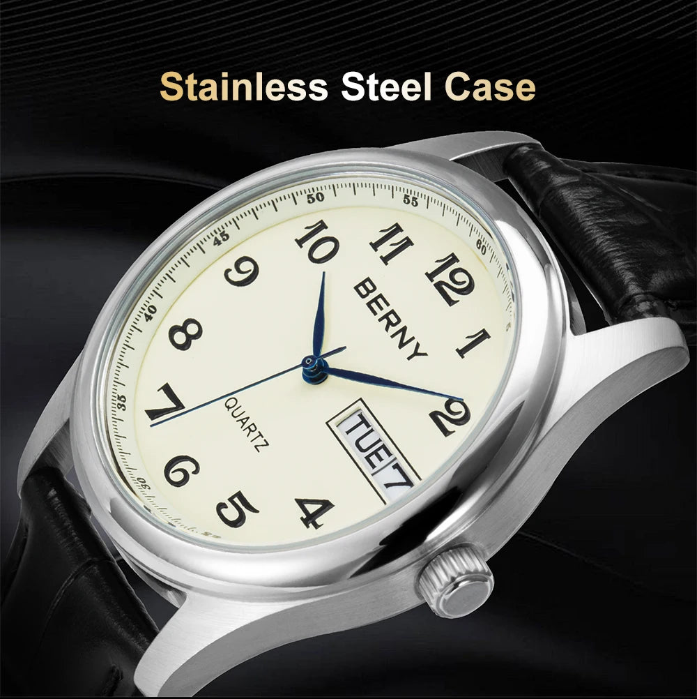 BERNY Quartz Watch for Men Miyota 2405 Business Male Wristwatch Day Top Calendar Genuine Leather Classic Men Watches Waterproof