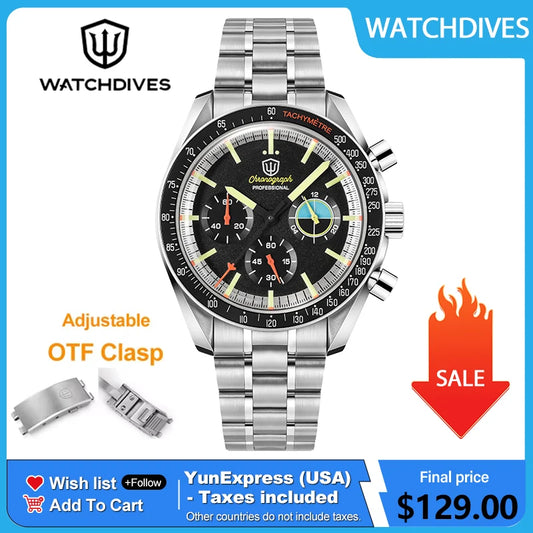 Watchdives WD1863 39mm VK63 Chronograph Watch Vintage Stainless Steel Sapphire OTF Clasp Waterproof Luminous Watches for Men