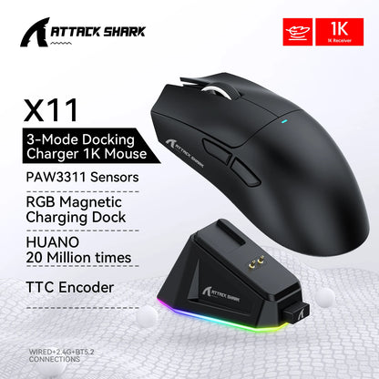 ATTACK SHARK X11 SE Wireless Gaming Mouse 22000 DPI,PixArt PAW3311 Sensor,BT/2.4G/Wired,59g Lightweight,2000W Clicks