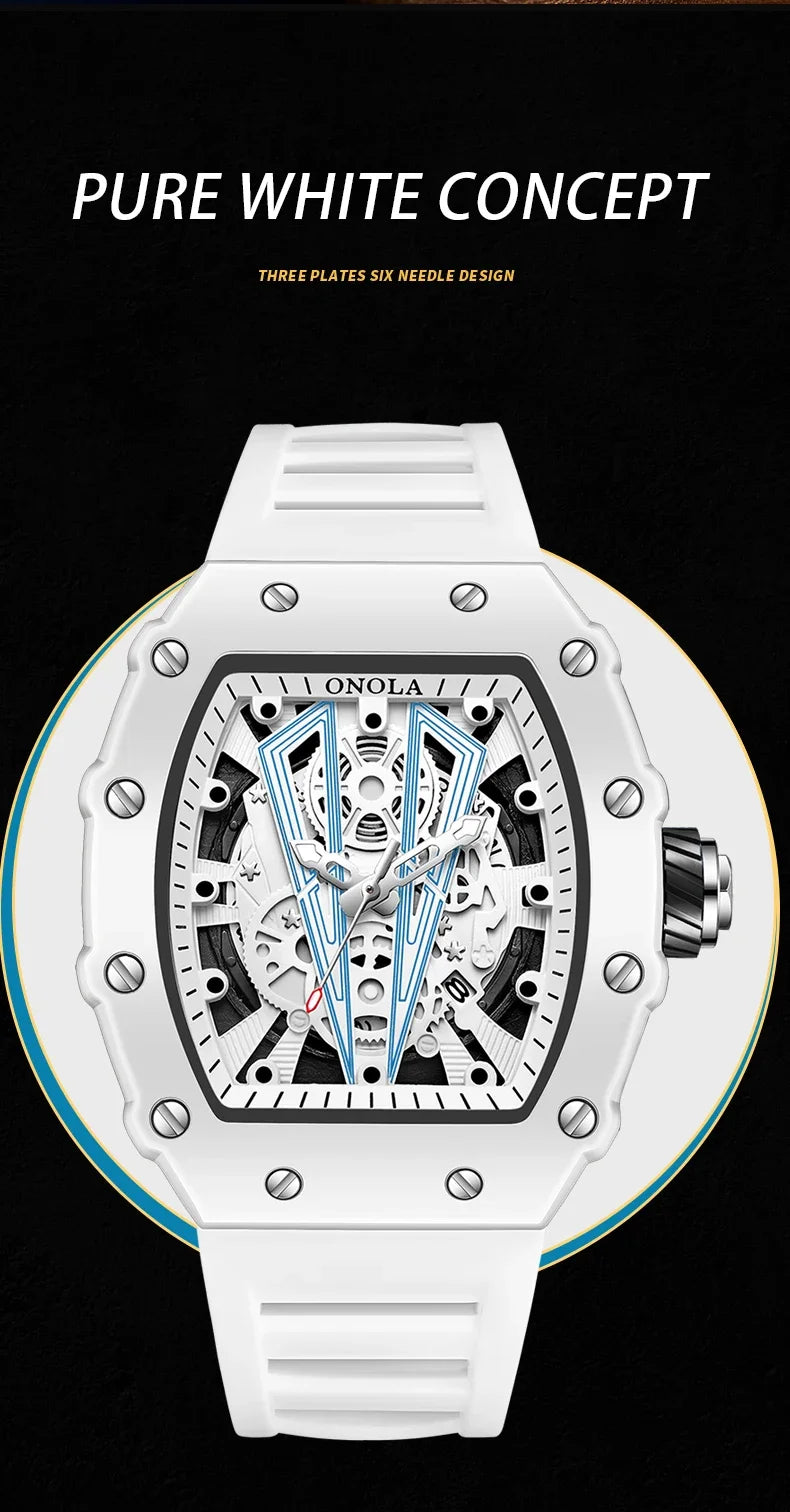 Gift Box Watches for Man ONOLA 3826W Trend White Men Watch Tonneau Calendar Waterproof Silicone Strap Relogios Masculino