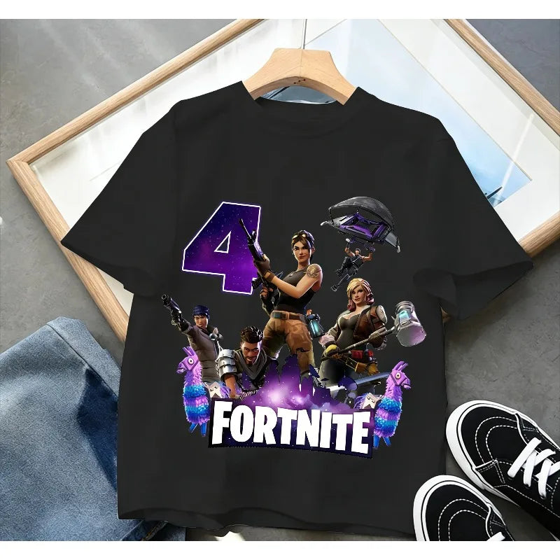 Fortnite Kinder-Geburtstagszahl-T-Shirt für Mädchen und Jungen, Sommerkleidung, Baby-T-Shirt aus Baumwolle, kurzärmliges Party-Oberteil, Geschenk für Kleinkinder