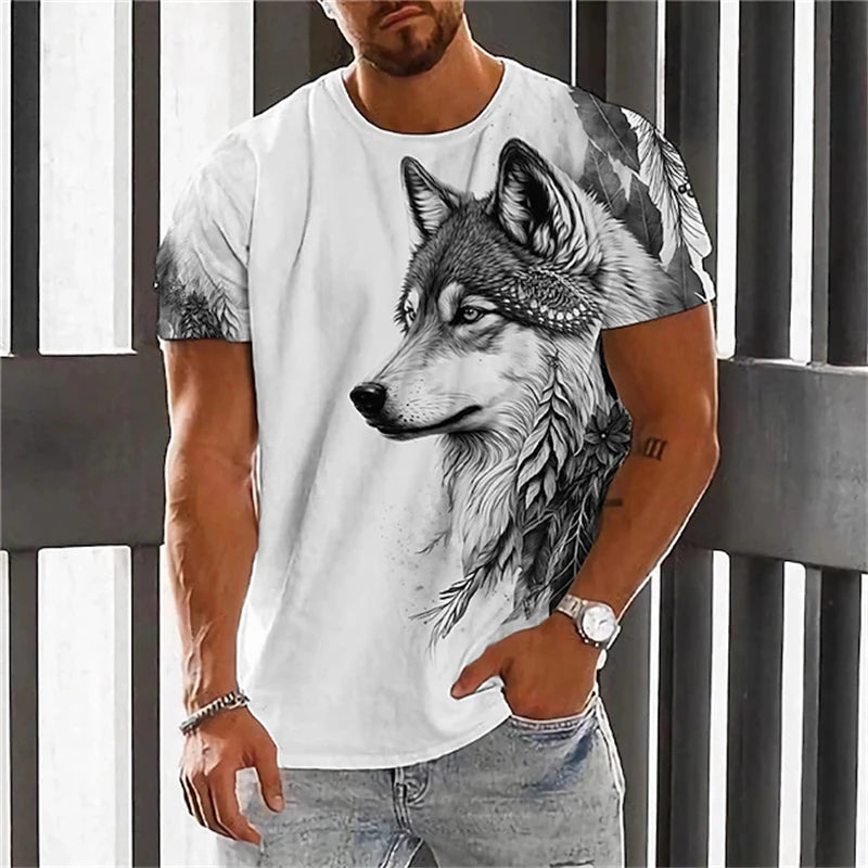 Fashionable Men's Round-neck Short-sleeved T-shirt 3D Printed Wolf T-shirt Men's Casual Sports Short-sleeved Street Top