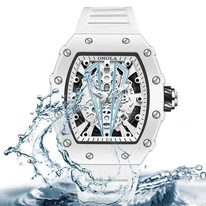 Gift Box Watches for Man ONOLA 3826W Trend White Men Watch Tonneau Calendar Waterproof Silicone Strap Relogios Masculino