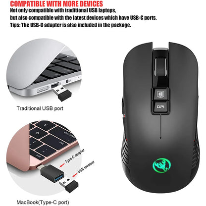 2.4G USB-C belaidė pelė, įkraunama žaidimų pelė, 3600DPI, 7 mygtukai, Type-C, tyli pelė Macbook, nešiojamajam kompiuteriui, PC, žaidimams ir kompiuteriui