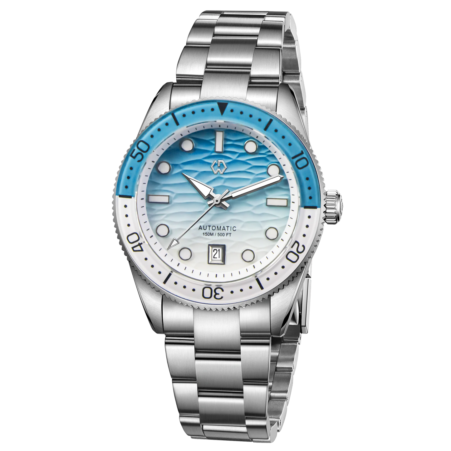 WISHDOIT Men's Automatic Dive Watch With Ocean Blue And White Ripple Dial 8215 Movement Sapphire Glass Mirror