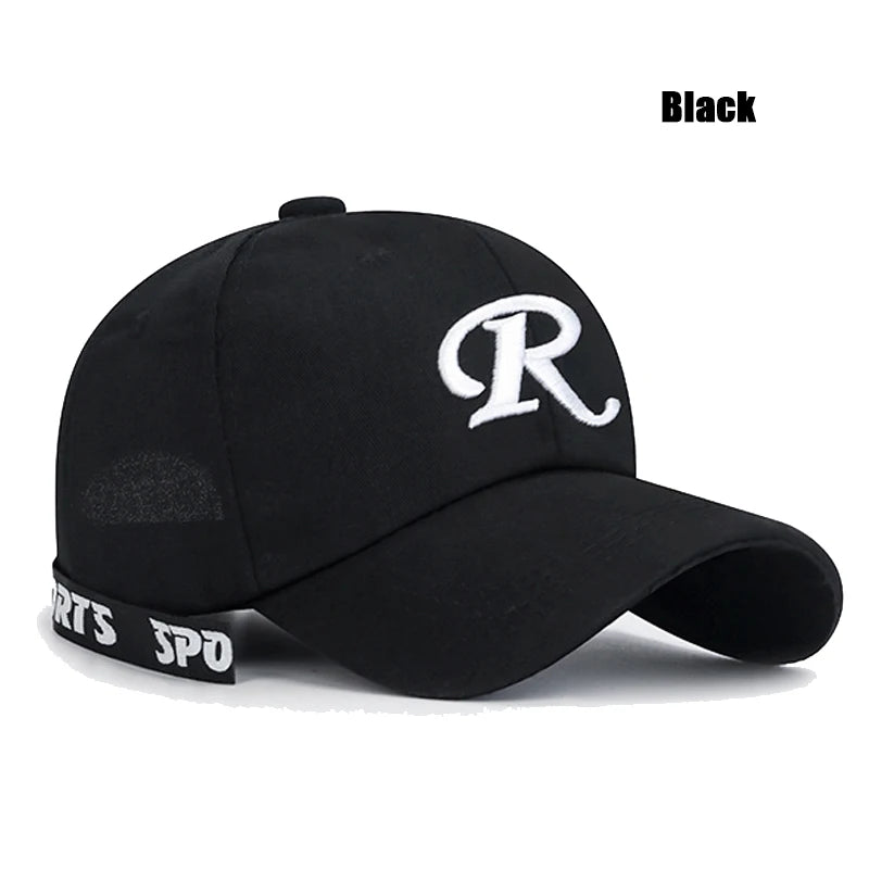 R-Buchstabe, Bandstickerei, Baumwolle, verstellbar, Baseballkappe mit festem Schirm, Sonnenhut, Trucker-Caps, Hip-Hop-Caps