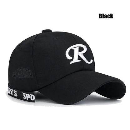 R-Buchstabe, Bandstickerei, Baumwolle, verstellbar, Baseballkappe mit festem Schirm, Sonnenhut, Trucker-Caps, Hip-Hop-Caps