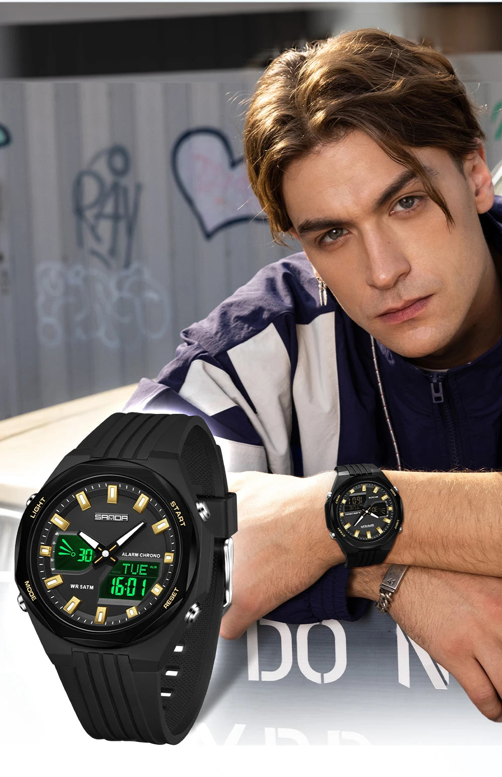 Fashion SANDA 6267 Men's Electronic Watch Multifunctional Operation Night light waterproof Dual Display Student Electronic Watch