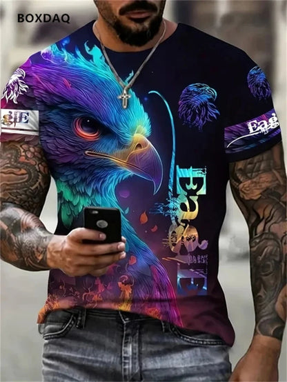 Luźny męski T-shirt Fashion Eagle z okrągłym dekoltem, casualowy top z krótkim rękawem, uliczny T-shirt z nadrukiem 3D zwierzęcia, rozmiar do 6XL, oddychająca koszulka