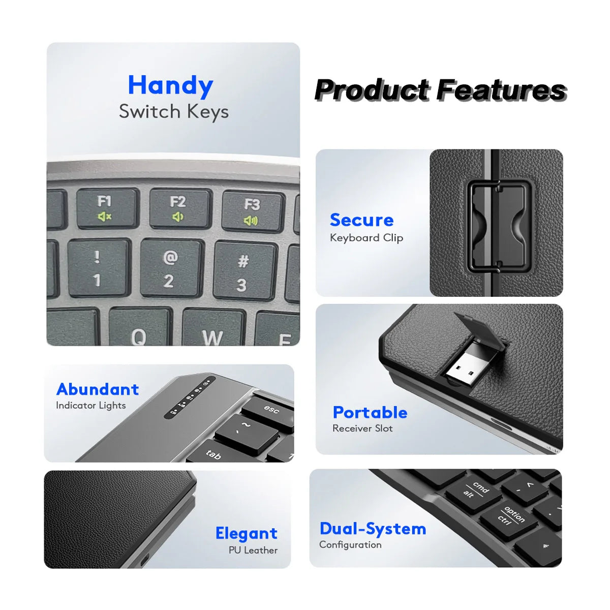 Ergonomic Foldable Bluetooth Keyboard, Split Compact Portable Keyboard for Business Travel, Folding Rechargeable Wireless Keyboard