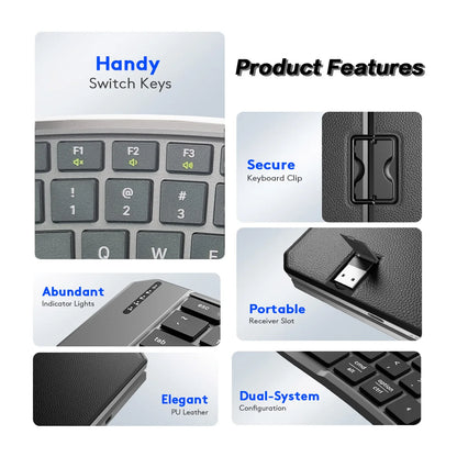 Ergonomic Foldable Bluetooth Keyboard, Split Compact Portable Keyboard for Business Travel, Folding Rechargeable Wireless Keyboard