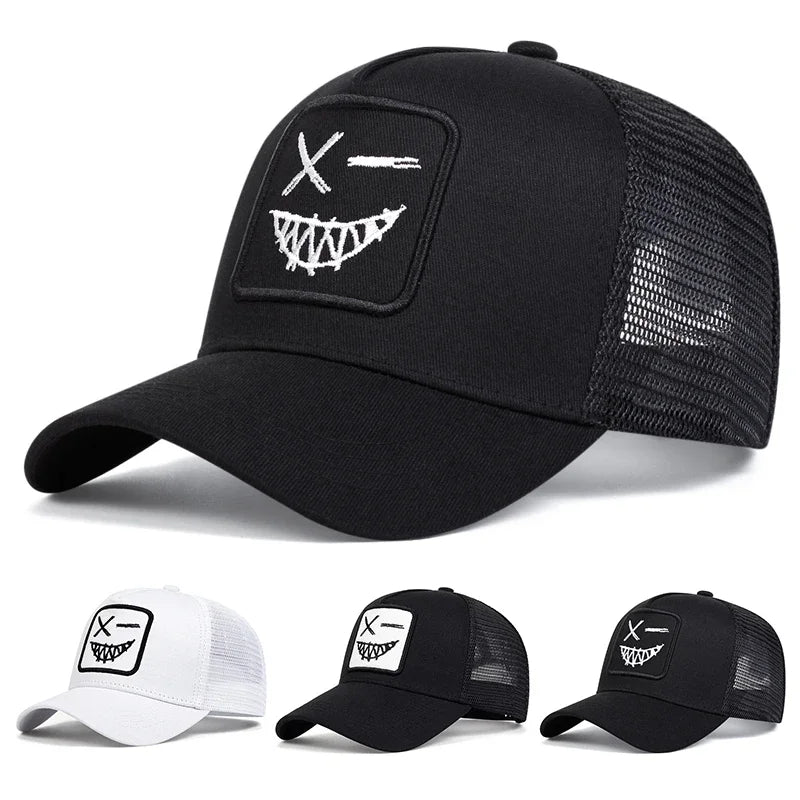 Unisex X Baseball-Netzkappen mit Stickerei eines lächelnden Gesichts und Zähnen – Sonnenhut für Frühling und Sommer, im Freien, mit Sonnenschutz, verstellbare Freizeit-Trucker-Kappen