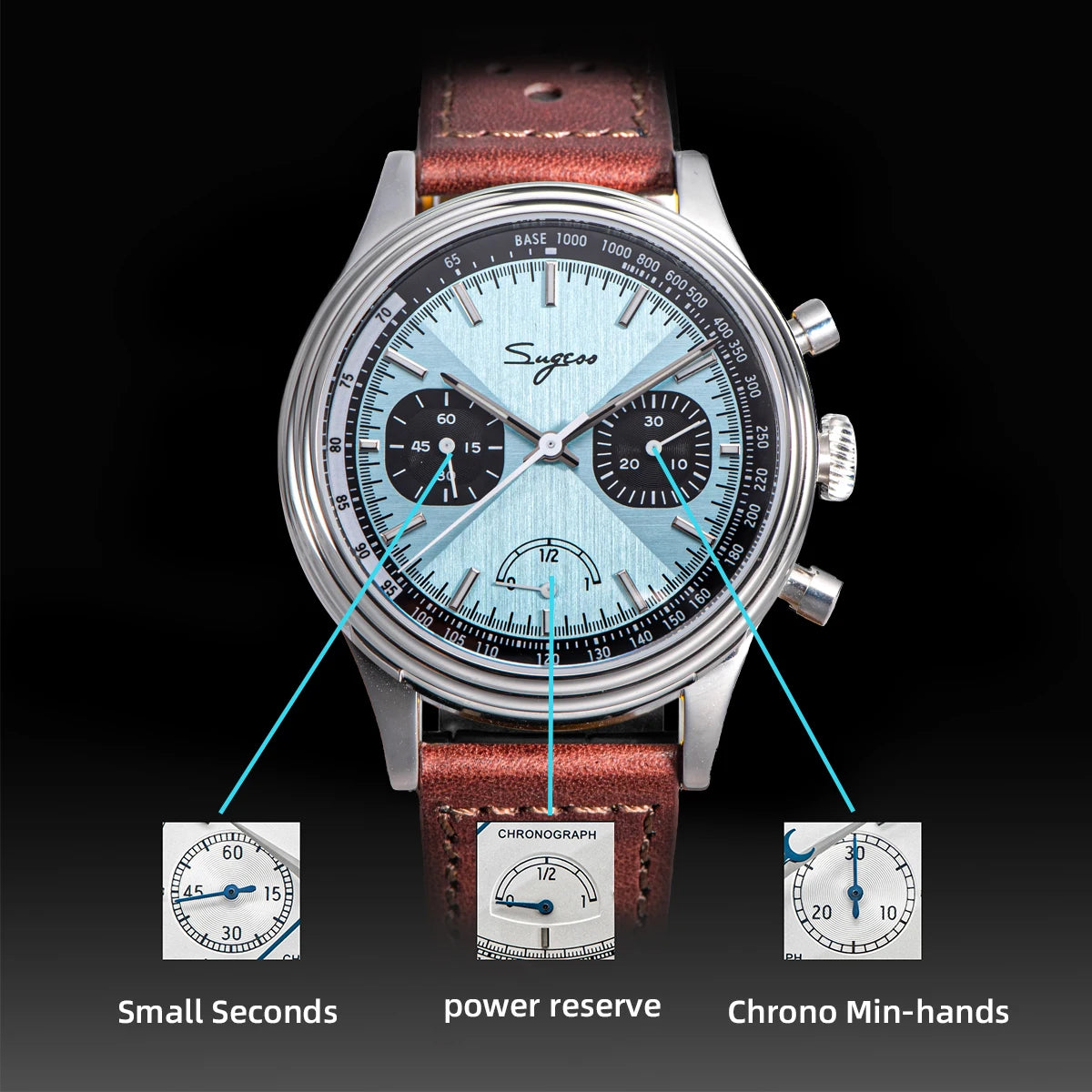 Sugess Men's Pilot 1963 Wristwatch ST1906 Chronograph Handwind Movement Domed Sapphire Waterproof Power Reserve Lume V2