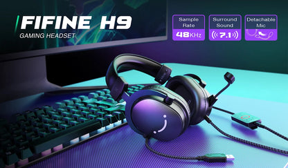 FIFINE Headset, 3.5 mm jack & USB Headphone with 7.1 Surround Sound/volume control/Mute switch for PC/MAC/PS4/PS5 Mixer-H9
