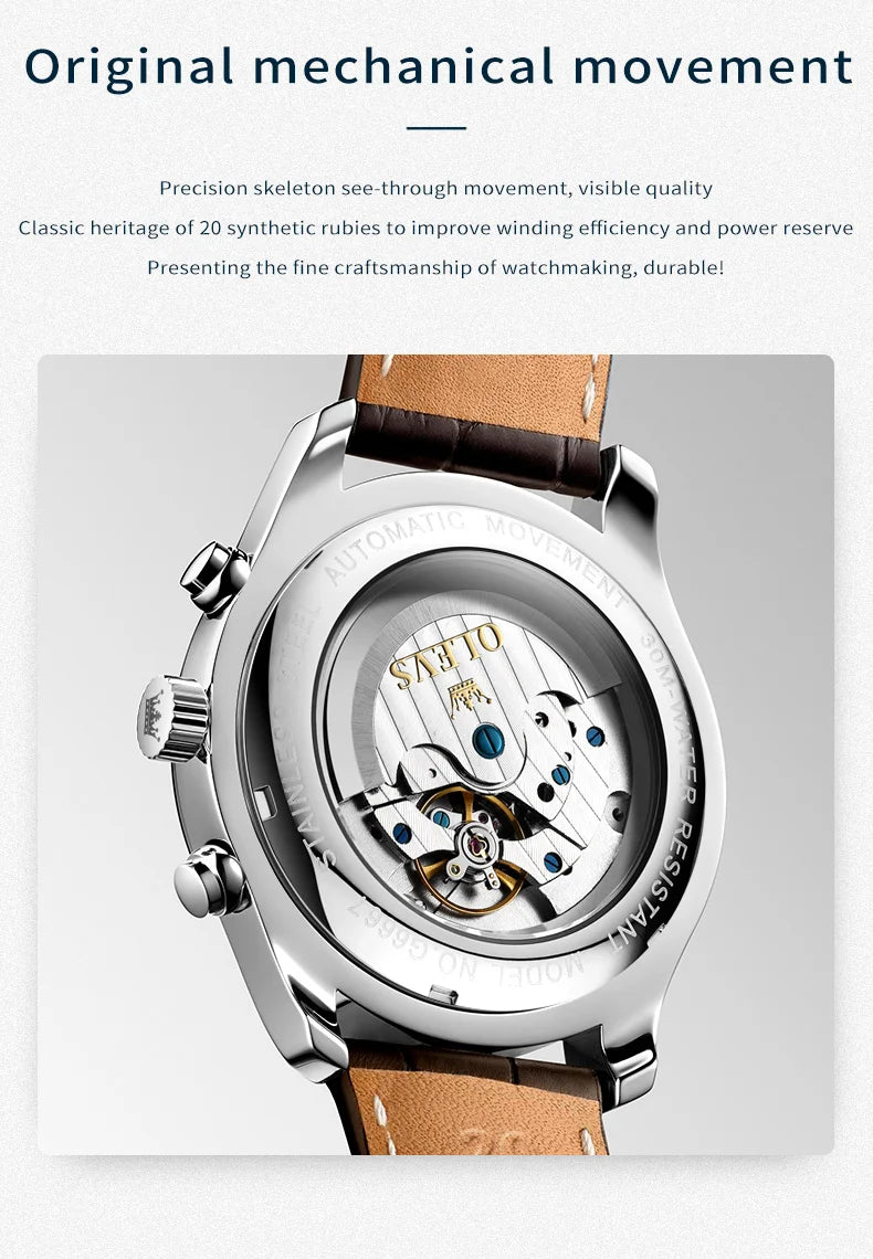 OLEVS 6667 Mens Watch Multifunctional Chronograph Mechanical Watch Leather Strap Moon Phase Watches For Man Luxury Original