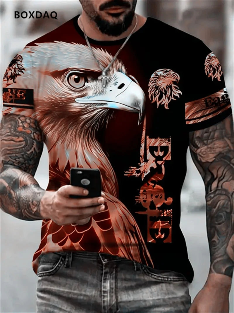 Luźny męski T-shirt Fashion Eagle z okrągłym dekoltem, casualowy top z krótkim rękawem, uliczny T-shirt z nadrukiem 3D zwierzęcia, rozmiar do 6XL, oddychająca koszulka