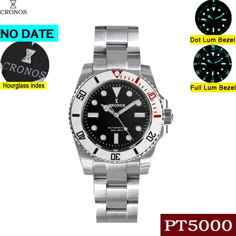 Cronos Sub Diver Men Watch No Date PT5000 Brushed Bracelet Ceramic Bezel 200 meters Water Resistant