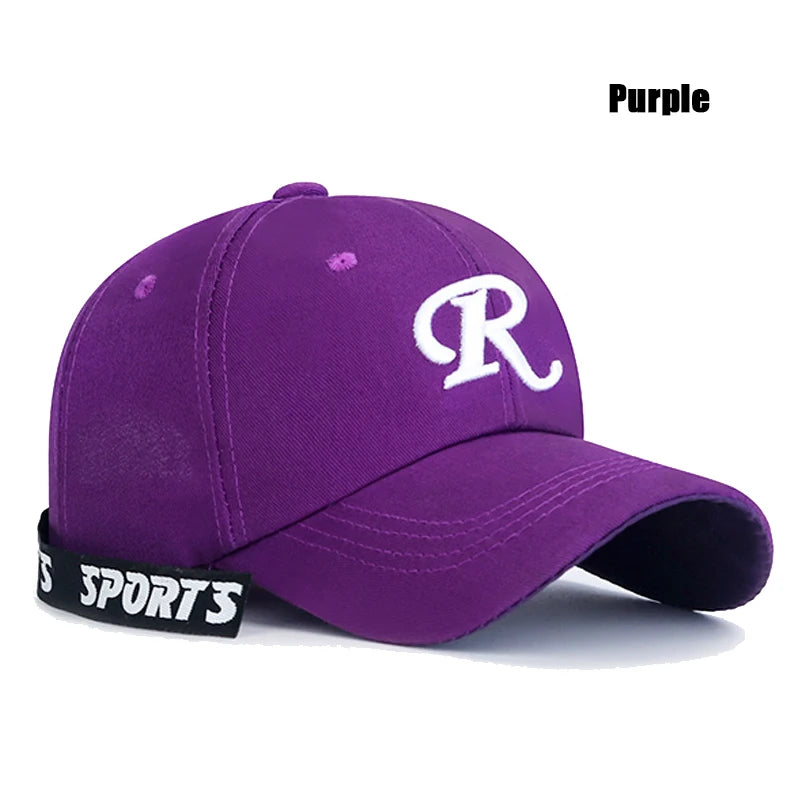 R-Buchstabe, Bandstickerei, Baumwolle, verstellbar, Baseballkappe mit festem Schirm, Sonnenhut, Trucker-Caps, Hip-Hop-Caps