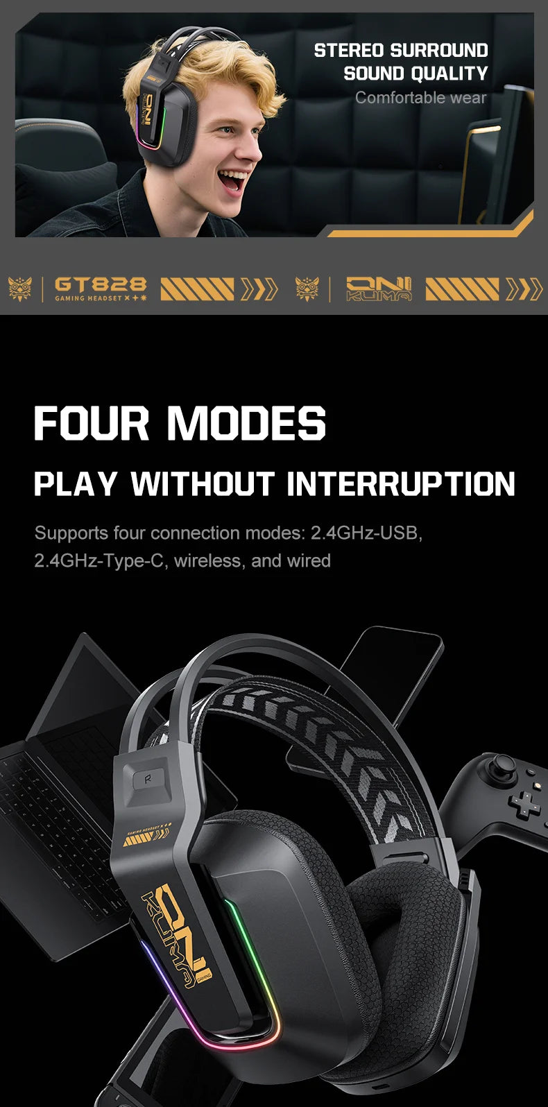 ONIKUMA GT828 Bluetooth Headset Four-mode Connection Over Ear HIFI Stereo Wireless Gaming Headsets with Mic for PC Laptops PS5