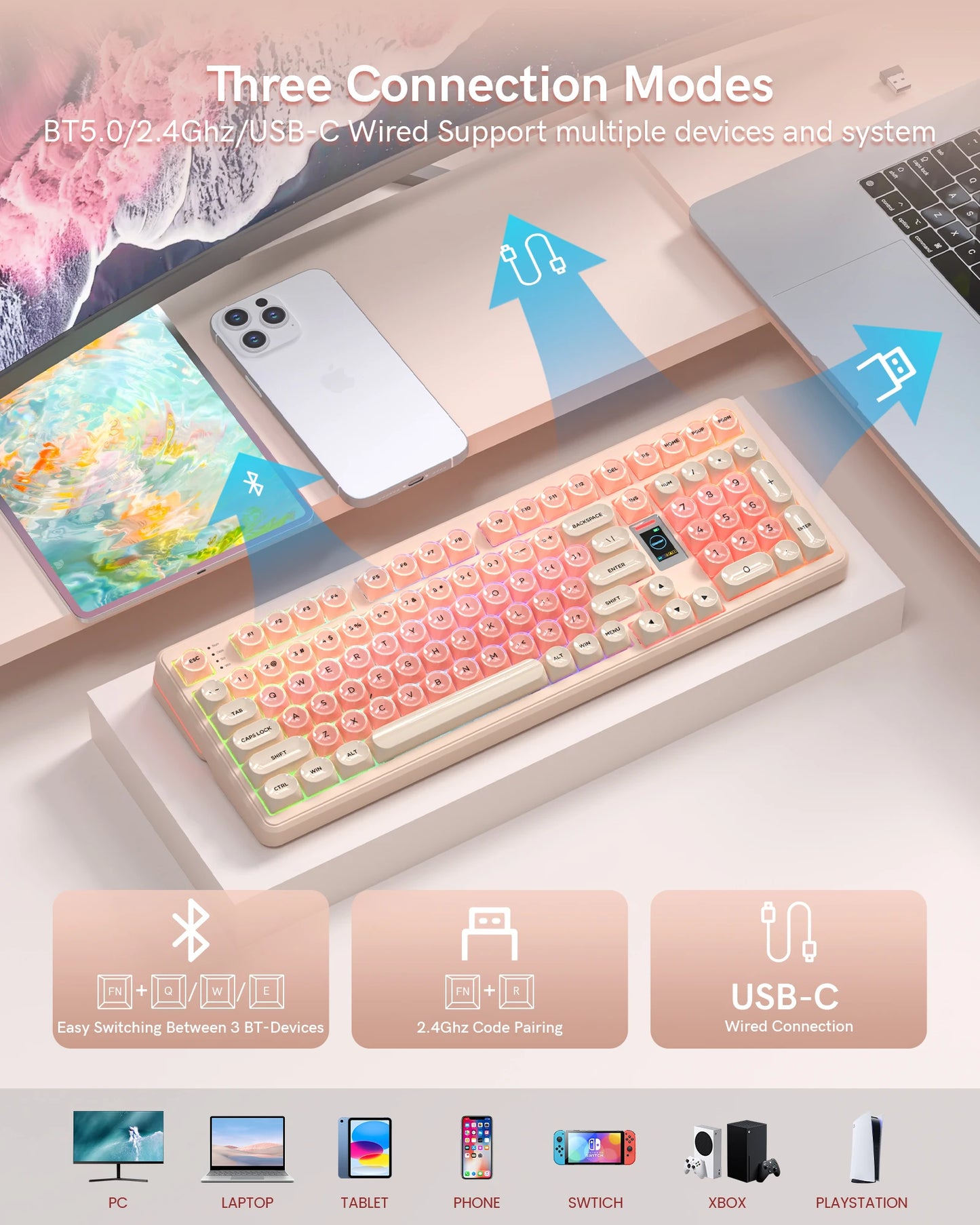 Womier Foundation WK98 Mechanical Keyboard With Display Pink Creamy 3 Mode Ergonomic Gasket Hot Swappable Gaming Keyboard