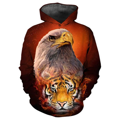 Sweatshirt com capuz oversized casual unissexo com estampado 3D de tigre, águia e lobo, estilo descontraído, pulôver de moda popular para homem
