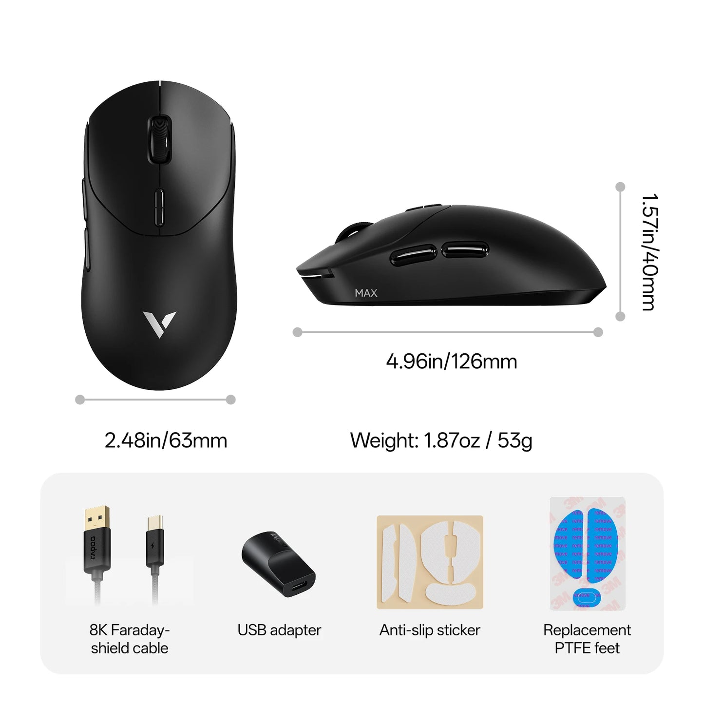 Rapoo VT2 MAX Wireless E-sports Gaming Mouse with 8K Polling Rate Optical Sensor Ergonomic Design 53g Lightweight for PC Laptop