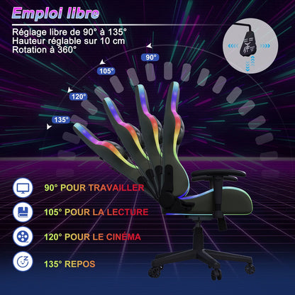 Ergonomic Gaming Chair with Massage Function, RGB LED, 90-135 Degree Recline,Up to 130kg,Office Chair, Premium Leather,Black
