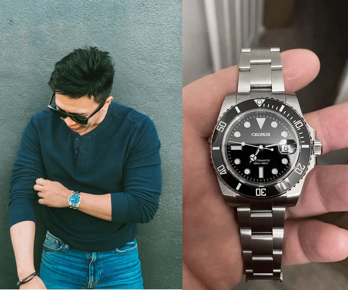 Cronos Sub Diver Men Watch No Date PT5000 Brushed Bracelet Ceramic Bezel 200 meters Water Resistant