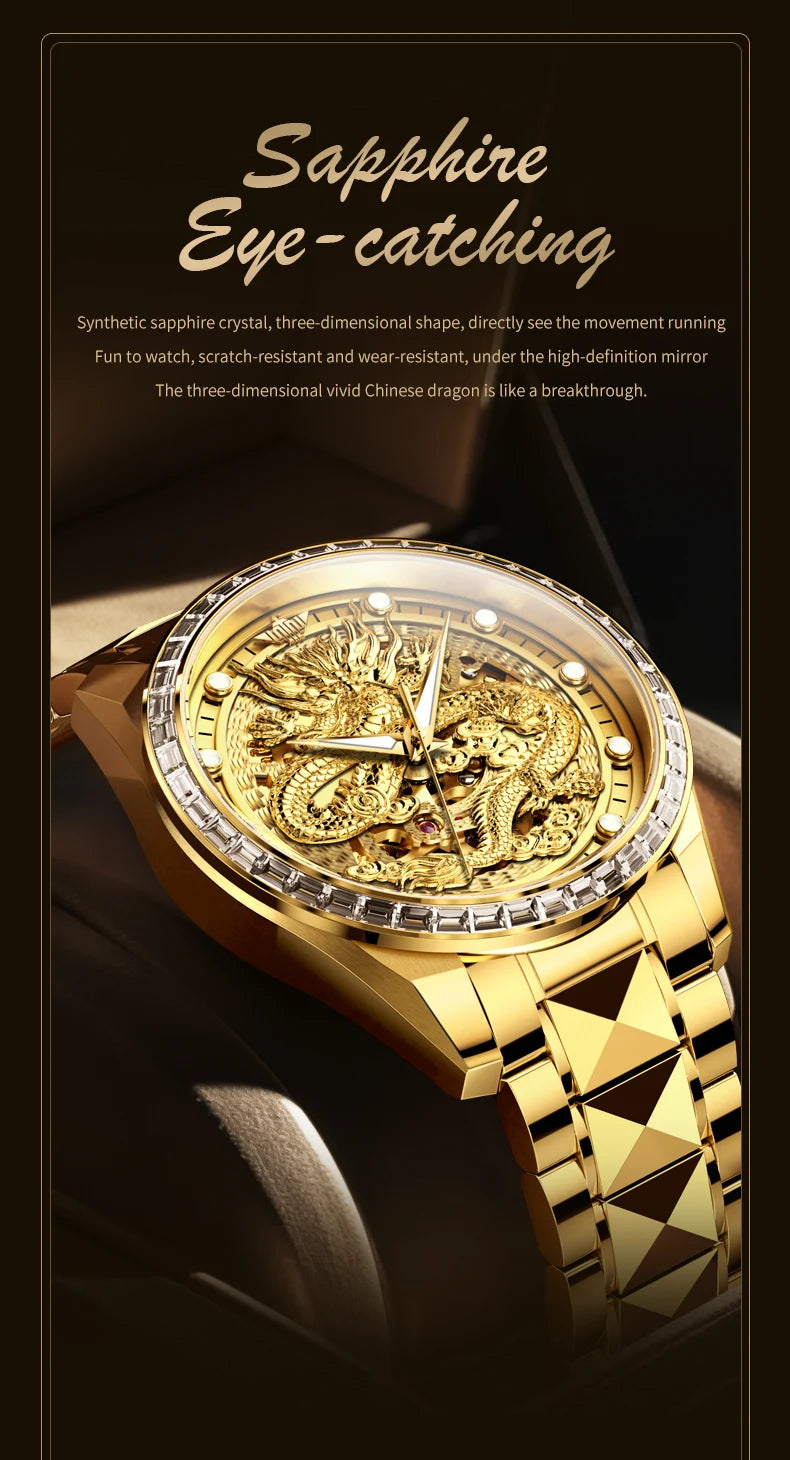 Reloj para hombre OUPINKE de marca de lujo, oro y acero de tungsteno, original, automático mecánico, con esfera decorada con motivo de dragón