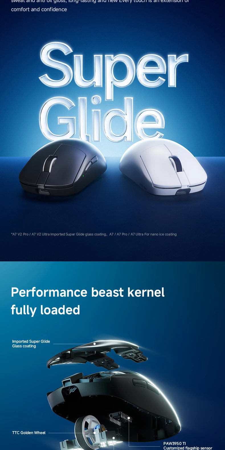 MCHOSE A7 V2 Ultra / Pro ľahká bezdrôtová herná myš s duálnou frekvenciou 8000Hz, PAW3950 TI, 42000DPI, pre PC a e-športových hráčov
