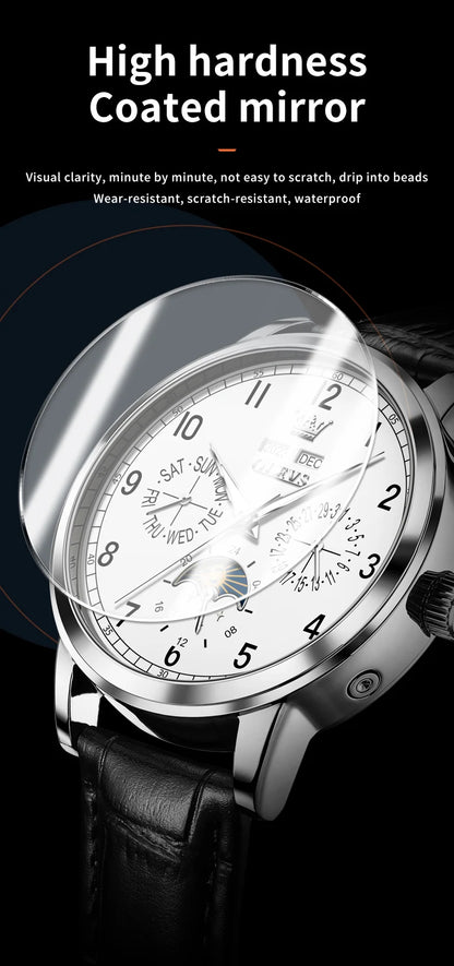 OLEVS 6698 Mens Watch Luxury Dress Brand Moon Phase Automatic Mechanical Watch For Men Leather  Waterproof Dual Calendar Watch