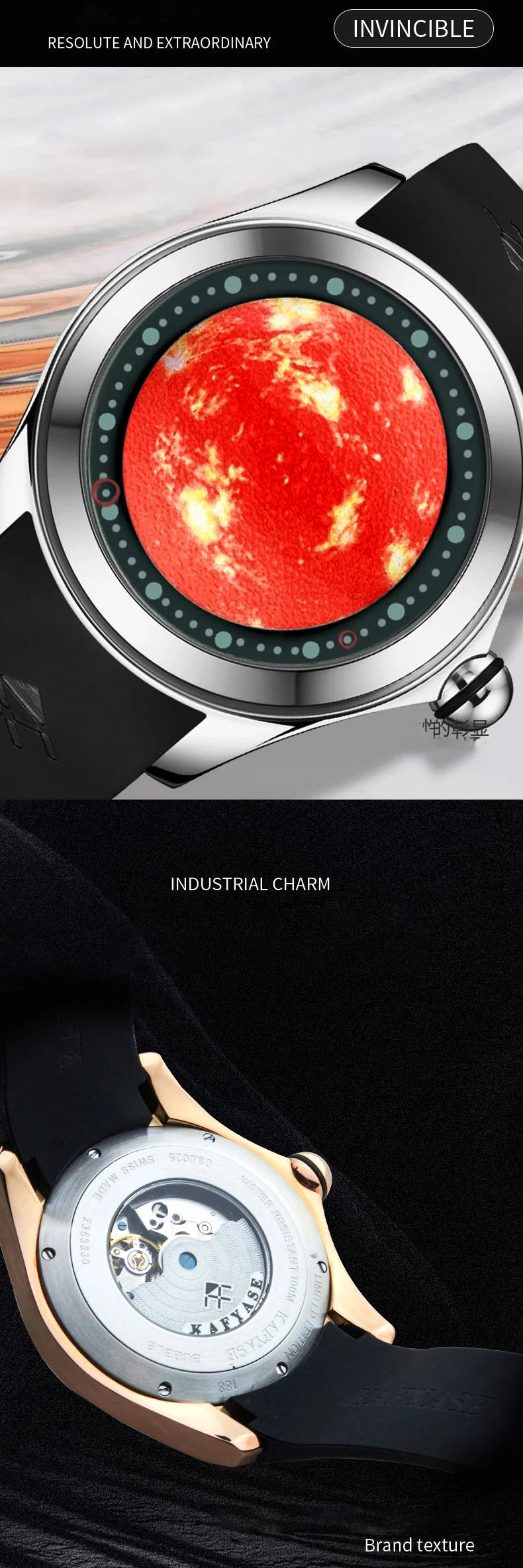 KAFYASE Fashion Earth  Bubble Rubber Automatic Watches Luxury Men 46mm Mechanical Wristwatches Art Eye Ball Dial Classic Watch